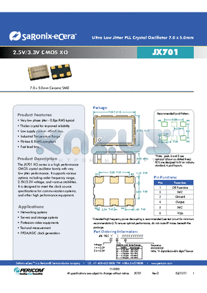 JX701 datasheet - Ultra Low Jitter PLL Crystal Oscillator 7.0 x 5.0mm