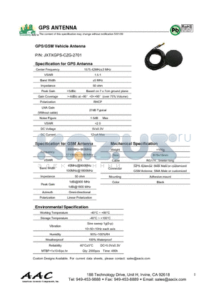 JXTXGPS-CZG-2701 datasheet - GPS/GSM Vehicle Antenna