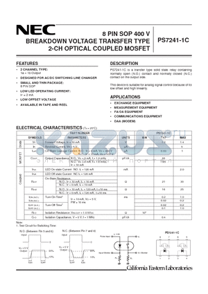 PS7241-1C datasheet - 8 PIN SOP 400 V BREAKDOWN VOLTAGE TRANSFER TYPE 2-CH OPTICAL COUPLED MOSFET