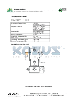 JXWBGF-T-3-10-500-SF datasheet - 3-Way Power Divider