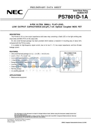 PS7801D-1A datasheet - 4-PIN ULTRA SMALL FLAT-LEAD, LOW OUTPUT CAPACITANCE (0.6 pF), 1-ch Optical Coupled MOS FET