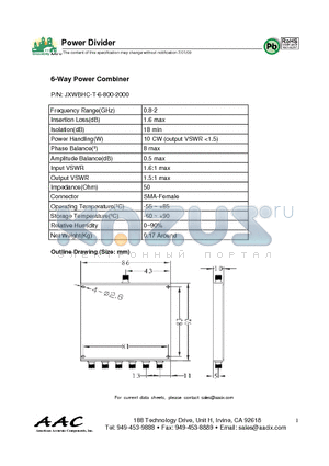 JXWBHC-T-6-800-2000 datasheet - 6-Way Power Combiner