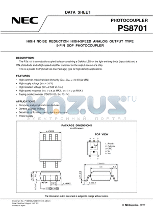 PS8701-F3 datasheet - HIGH NOISE REDUCTION HIGH-SPEED ANALOG OUTPUT TYPE 5-PIN SOP PHOTOCOUPLER