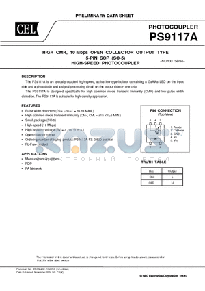 PS9117A-V-F3 datasheet - HIGH CMR, 10 Mbps OPEN COLLECTOR OUTPUT TYPE 5-PIN SOP (SO-5) HIGH-SPEED PHOTOCOUPLER