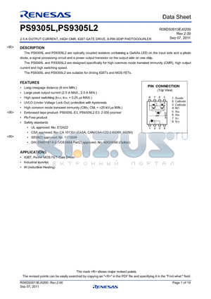 PS9305L-V-E3 datasheet - 2.5 A OUTPUT CURRENT, HIGH CMR, IGBT GATE DRIVE, 8-PIN SDIP PHOTOCOUPLER