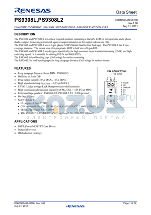PS9308L-V-E3 datasheet - 2.0 A OUTPUT CURRENT, HIGH CMR, IGBT GATE DRIVE, 6-PIN SDIP PHOTOCOUPLER