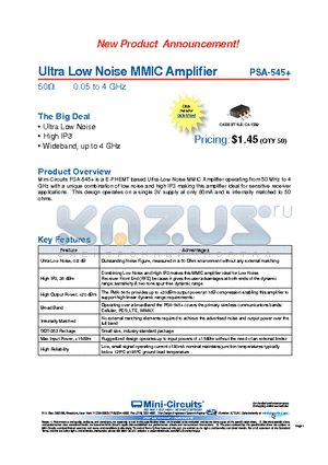 PSA-545+ datasheet - Ultra Low Noise MMIC Amplifier