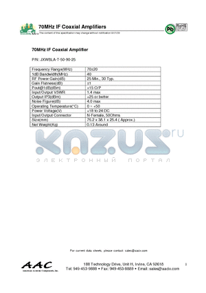 JXWBLA-T-50-90-25 datasheet - 70MHz IF Coaxial Amplifier