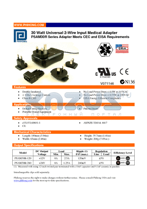 PSAM30R-240 datasheet - 30 Watt Universal 2-Wire Input Medical Adapter