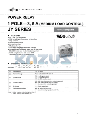 JY-12H-K datasheet - POWER RELAY 1 POLE-3, 5 A (MEDIUM LOAD CONTROL)