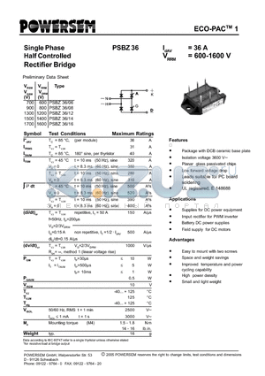 PSBZ36 datasheet - Single Phase Half Controlled Rectifier Bridge