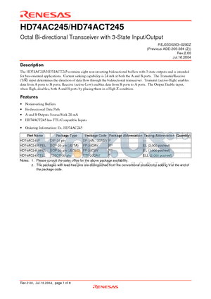 HD74AC245RPEL datasheet - Octal Bi-directional Transceiver with 3-State Input/Output