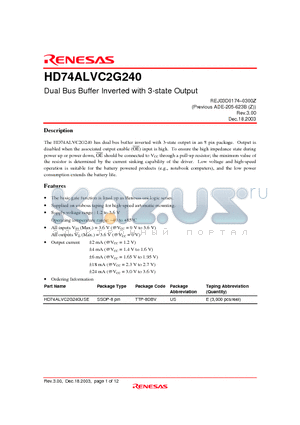 HD74ALVC2G240USE datasheet - Dual Bus Buffer Inverted with 3-state Output