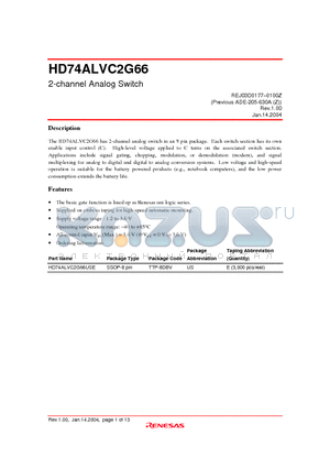 HD74ALVC2G66USE datasheet - 2-channel Analog Switch