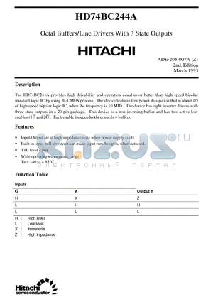 HD74BC244A datasheet - Octal Buffers/Line Drivers With 3 State Outputs