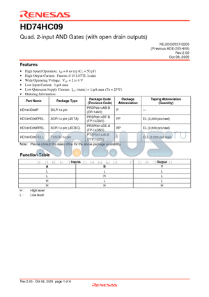 HD74HC09RPEL datasheet - Quad. 2-input AND Gates (with open drain outputs)