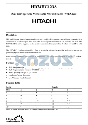 HD74HC123A datasheet - Dual Retriggerable Monostable Multivibrators (with Clear)