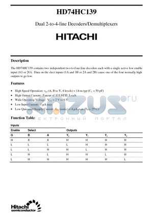 HD74HC139 datasheet - Dual 2-to-4-line Decoders/Demultiplexers