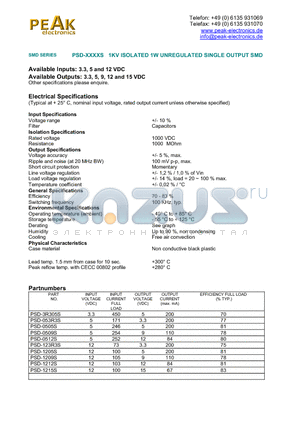 PSD-1212S datasheet - 1KV ISOLATED 1W UNREGULATED SINGLE OUTPUT SMD