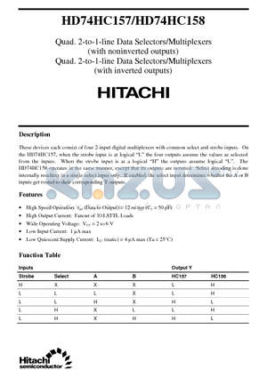 HD74HC158 datasheet - These devices each consist of four 2-input digital multiplexers with common select and strobe inputs