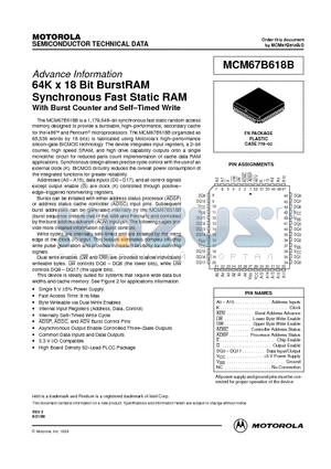 MCM67B618B datasheet - 64K x 18 Bit BurstRAM Synchronous Fast Static RAM With Burst Counter and Self-Timed Write
