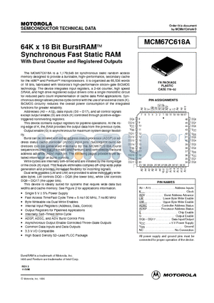 MCM67C618AFN7 datasheet - 64K x 18 Bit BurstRAM Synchronous Fast Static RAM