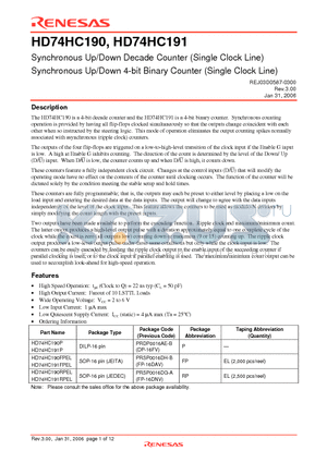 HD74HC191RPEL datasheet - Synchronous Up/Down Decade Counter (Single Clock Line)