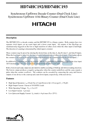 HD74HC193 datasheet - Synchronous Up/Down Decade,4-bit Binary Counter(Dual Clock Line)