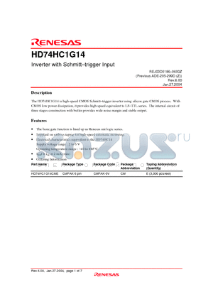 HD74HC1G14 datasheet - Inverter with Schmitt-trigger Input