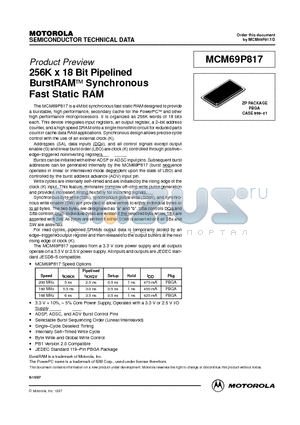 MCM69P817ZP3 datasheet - 256K x 18 Bit Pipelined BurstRAM Synchronous Fast Static RAM