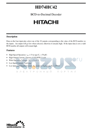 HD74HC42 datasheet - BCD-to-Decimal Decoder
