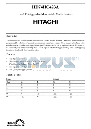 HD74HC423A datasheet - Dual Retriggerable Monostable Multivibrators