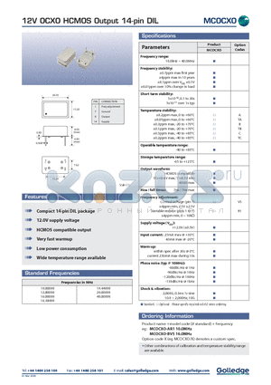 MCOCXO/BV5 datasheet - 12V OCXO HCMOS Output 14-pin DIL