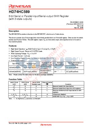 HD74HC589FPEL datasheet - 8-bit Serial or Parallel-input/Serial-output Shift Register (with 3-state outputs)