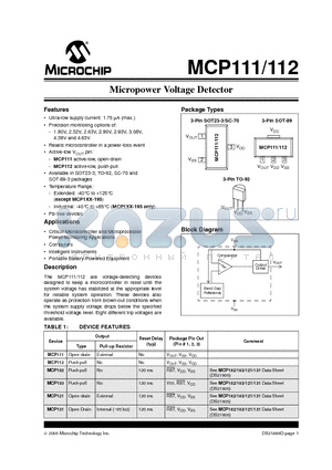 MCP103 datasheet - Micropower Voltage Detector