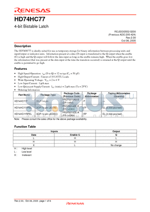 HD74HC77FPEL datasheet - 4-bit Bistable Latch