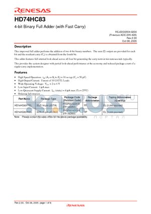 HD74HC83FPEL datasheet - 4-bit Binary Full Adder (with Fast Carry)