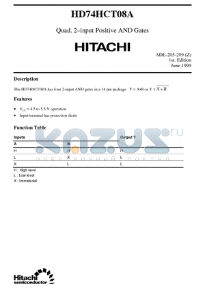 HD74HCT08A datasheet - Quad. 2-input Positive AND Gates