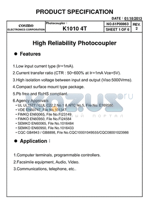 K10104TB datasheet - High Reliability Photocoupler