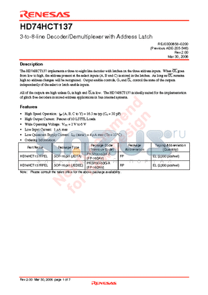 HD74HCT137FPEL datasheet - 3-to-8-line Decoder/Demultiplexer with Address Latch