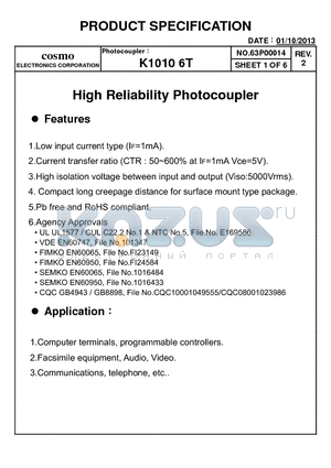 K10106T datasheet - High Reliability Photocoupler