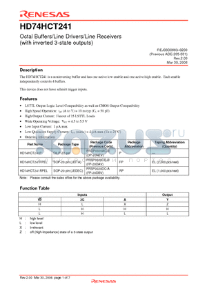 HD74HCT241P datasheet - Octal Buffers/Line Drivers/Line Receivers (with inverted 3-state outputs)