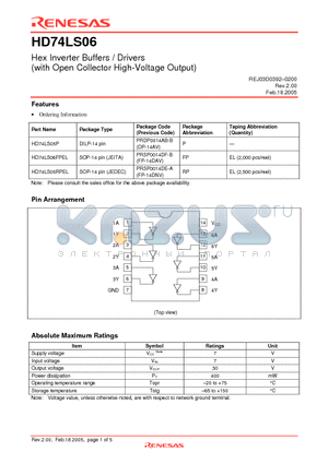 HD74LS06FPEL datasheet - Hex Inverter Buffers / Drivers (with Open Collector High-Voltage Output)