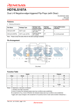 HD74LS107AFPEL datasheet - Dual J-K Negative-edge-triggered Flip-Flops (with Clear)