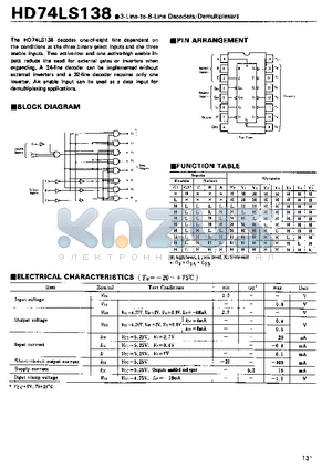 HD74LS138 datasheet - 3-Line-to-8-Line Decoders/Demultiplexers