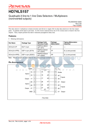 HD74LS157P datasheet - Quadruple 2-line-to-1-line Data Selectors / Multiplexers (noninverted outputs)