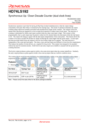 HD74LS192FPEL datasheet - Synchronous Up / Down Decade Counter (dual clock lines)