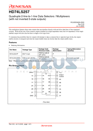 HD74LS257P datasheet - Quadruple 2-line-to-1-line Data Selectors / Multiplexers (with not inverted 3-state outputs)