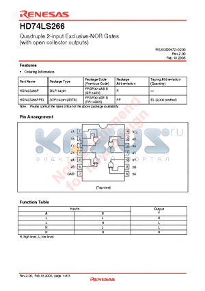 HD74LS266FPEL datasheet - Quadruple 2-input Exclusive-NOR Gates (with open collector outputs)