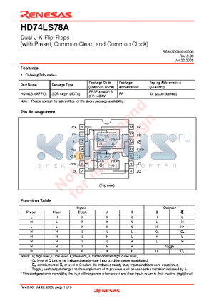 HD74LS78AFPEL datasheet - Dual J-K Flip-Flops (with Preset, Common Clear, and Common Clock)
